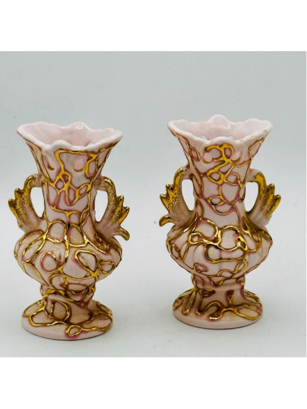 Vintage Lefton Pink & Gold Bud Vases – 24K Gold Drip Swirl Porcelain Pair